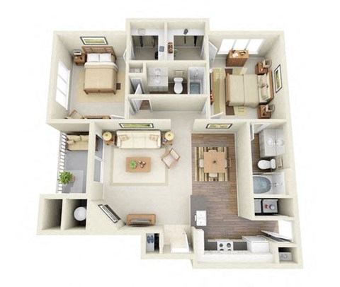 Pissaro 2 Bedroom 2 Bathroom 3D Floor Plan